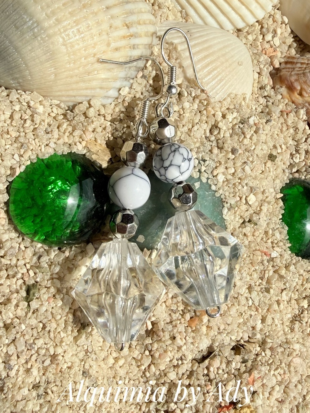 Long White Howlite & Silver-Tone Crystal Drop Earrings